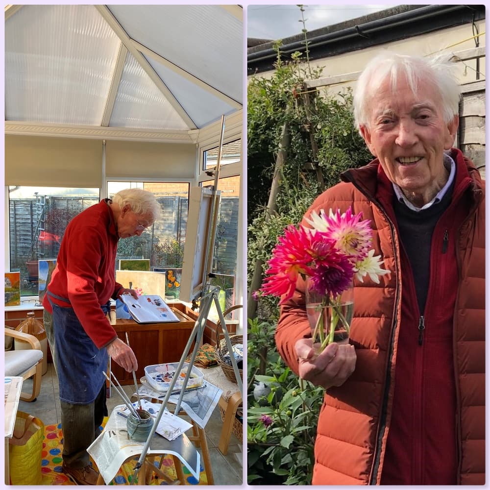 Alan Townsend artist in his home studio and in his dahlia-filled garden